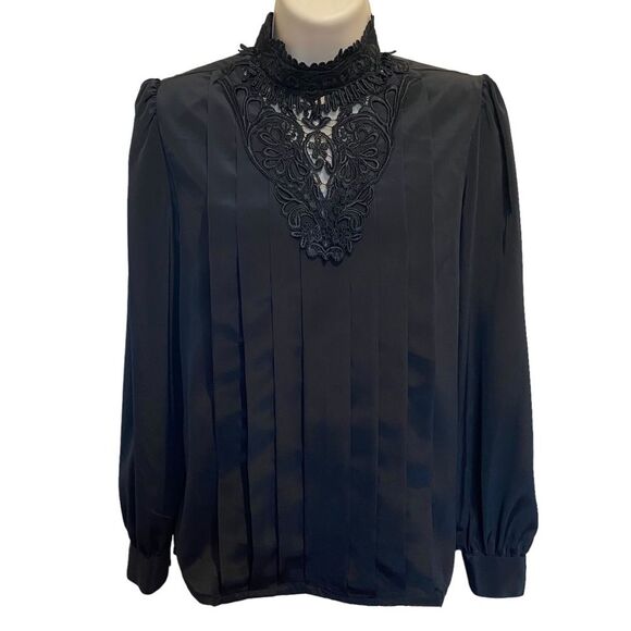 Vintage Romantic Gothic Black Cut Out Lace High Neck Pleated Blouse Sz 6P - Picture 1 of 6